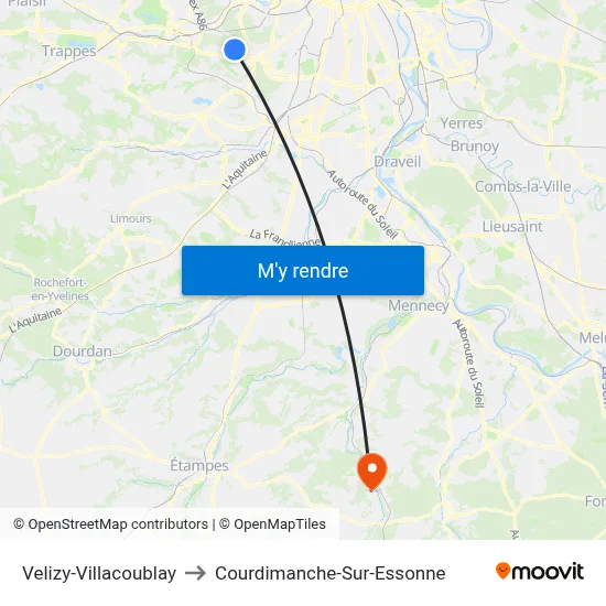 Velizy-Villacoublay to Courdimanche-Sur-Essonne map