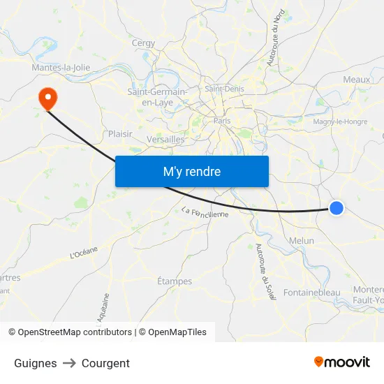 Guignes to Courgent map