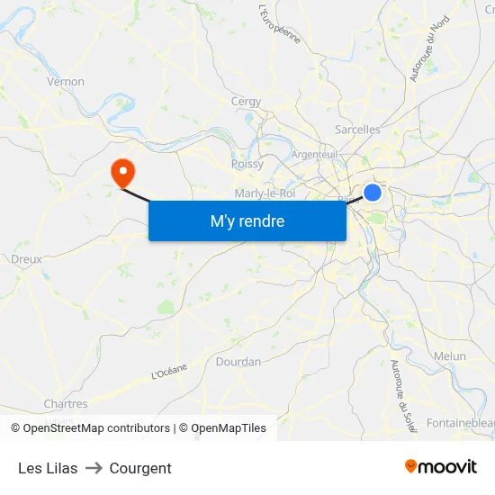 Les Lilas to Courgent map