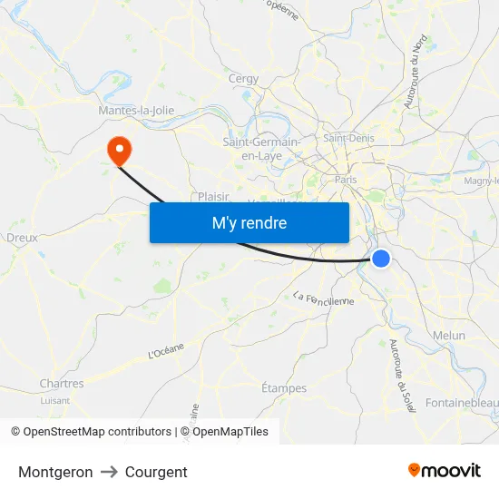 Montgeron to Courgent map