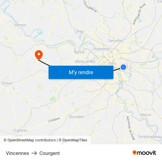Vincennes to Courgent map