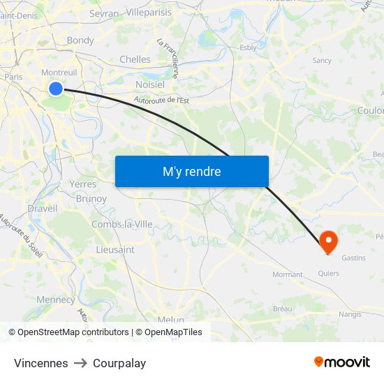 Vincennes to Courpalay map