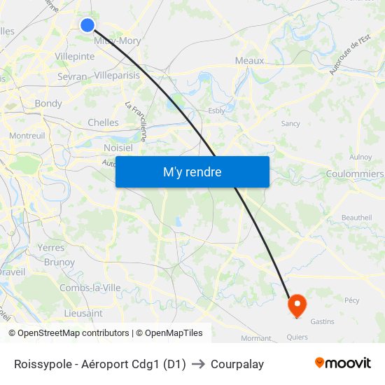 Roissypole - Aéroport Cdg1 (D1) to Courpalay map