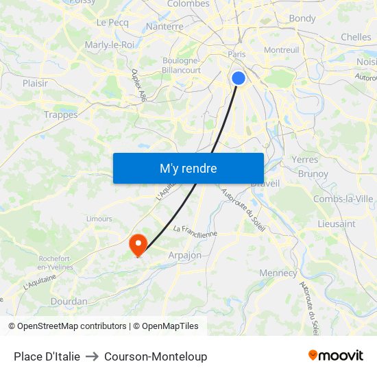 Place D'Italie to Courson-Monteloup map