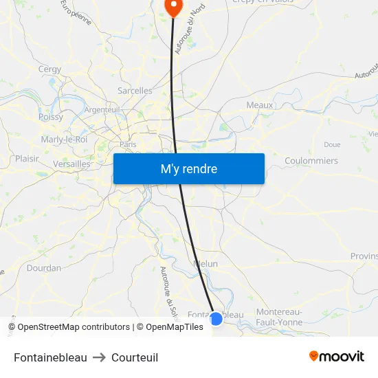 Fontainebleau to Courteuil map