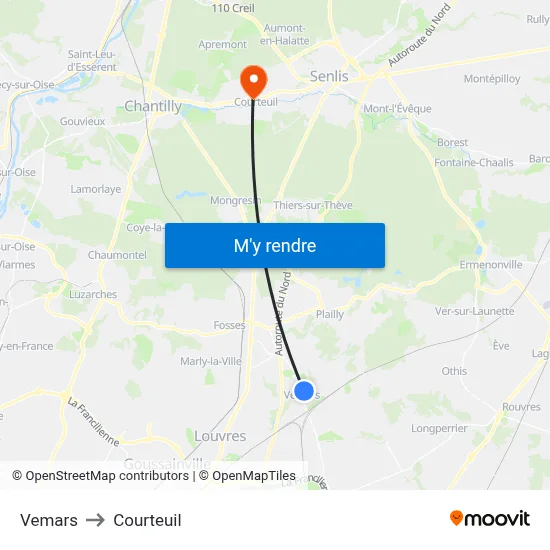 Vemars to Courteuil map