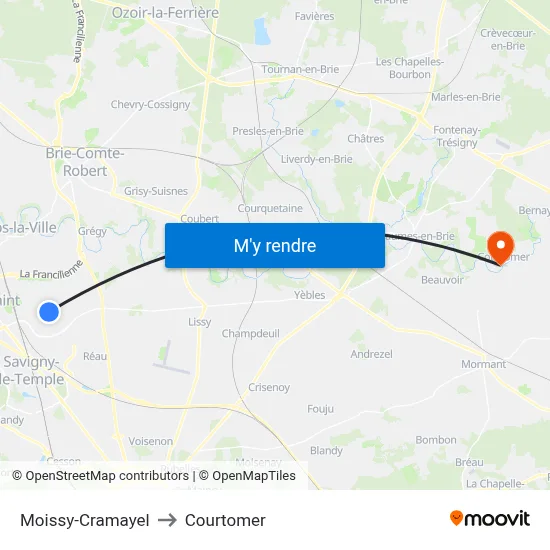 Moissy-Cramayel to Courtomer map