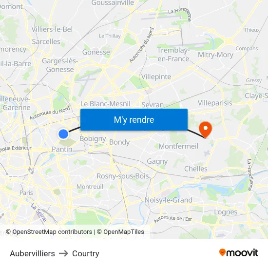 Aubervilliers to Courtry map
