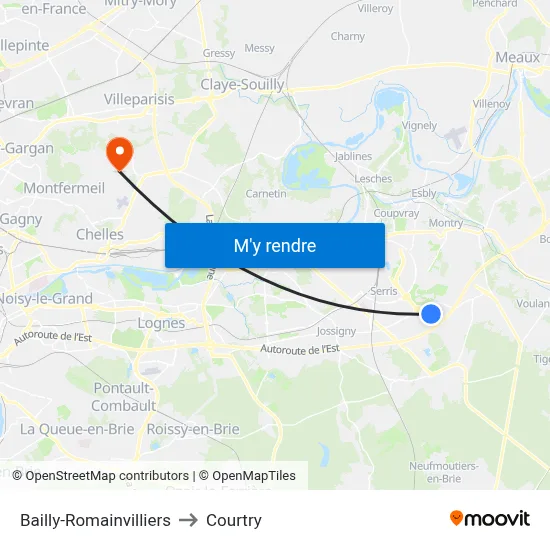 Bailly-Romainvilliers to Courtry map
