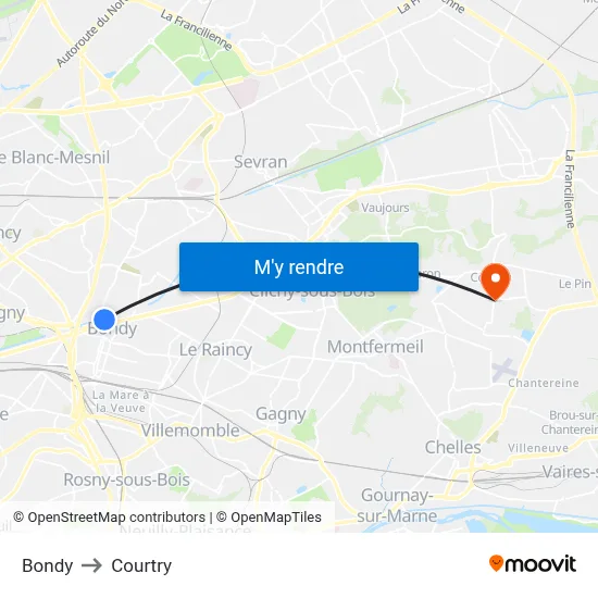 Bondy to Courtry map