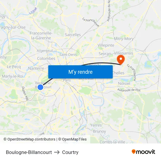 Boulogne-Billancourt to Courtry map