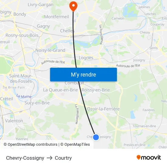 Chevry-Cossigny to Courtry map
