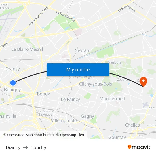 Drancy to Courtry map