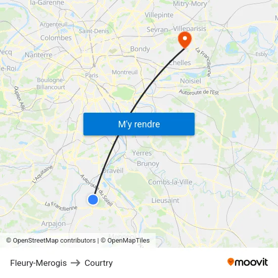Fleury-Merogis to Courtry map