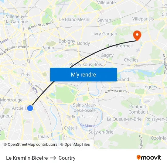 Le Kremlin-Bicetre to Courtry map
