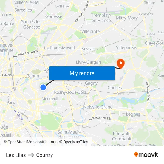 Les Lilas to Courtry map