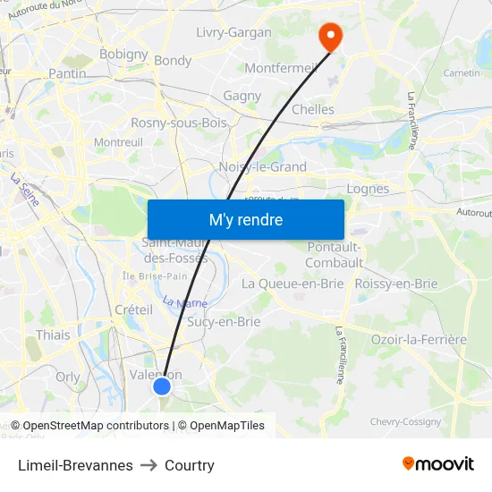 Limeil-Brevannes to Courtry map