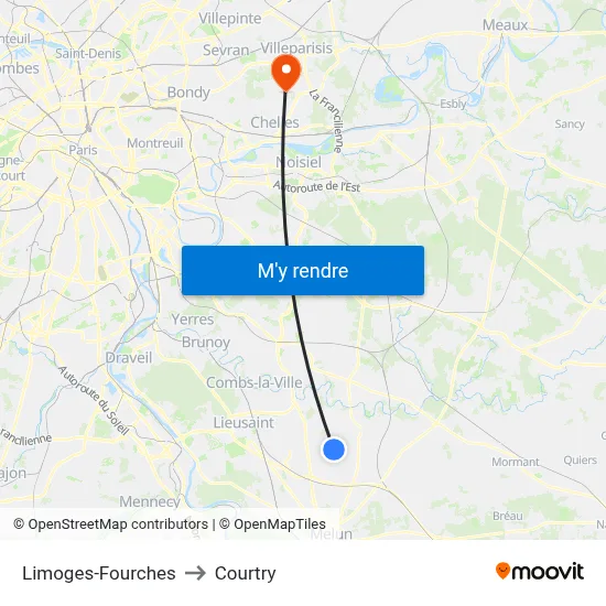 Limoges-Fourches to Courtry map