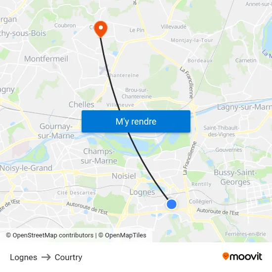 Lognes to Courtry map