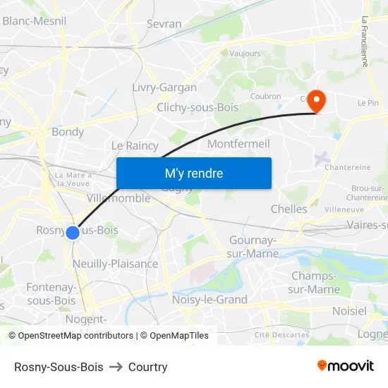 Rosny-Sous-Bois to Courtry map