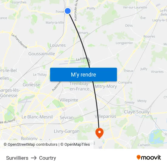 Survilliers to Courtry map