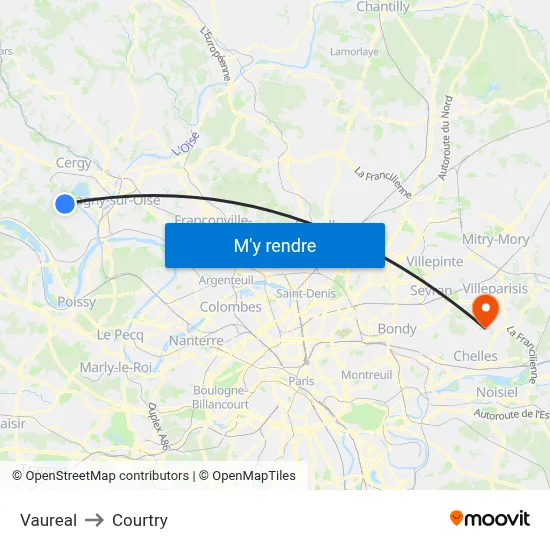 Vaureal to Courtry map