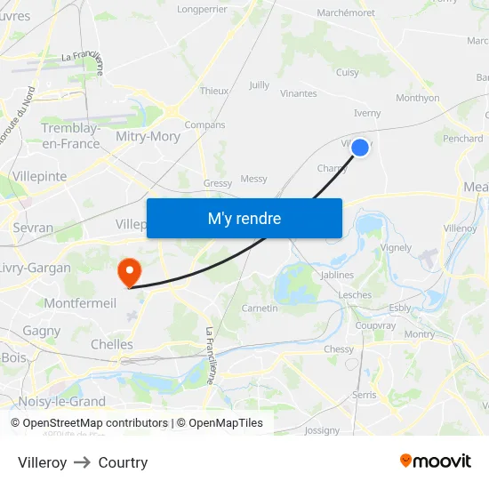 Villeroy to Courtry map