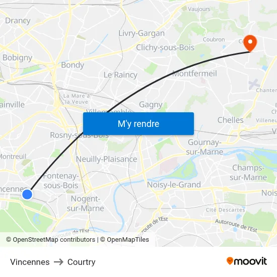 Vincennes to Courtry map