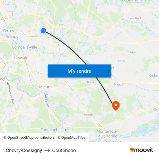 Chevry-Cossigny to Coutencon map