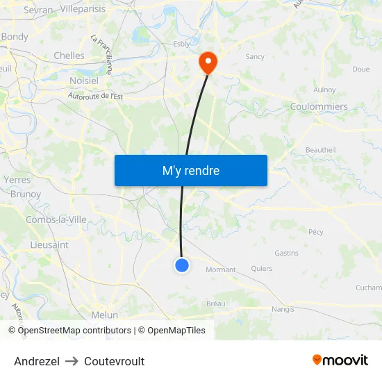 Andrezel to Coutevroult map