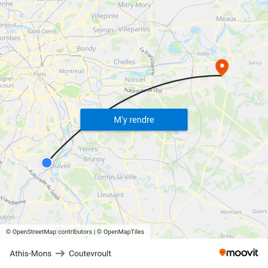 Athis-Mons to Coutevroult map
