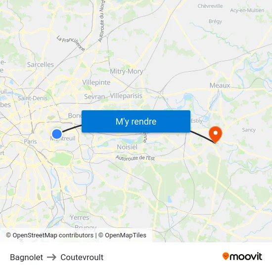 Bagnolet to Coutevroult map