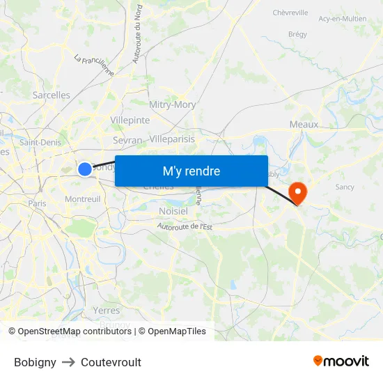 Bobigny to Coutevroult map