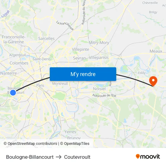 Boulogne-Billancourt to Coutevroult map