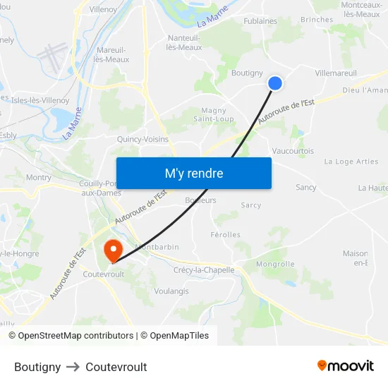 Boutigny to Coutevroult map