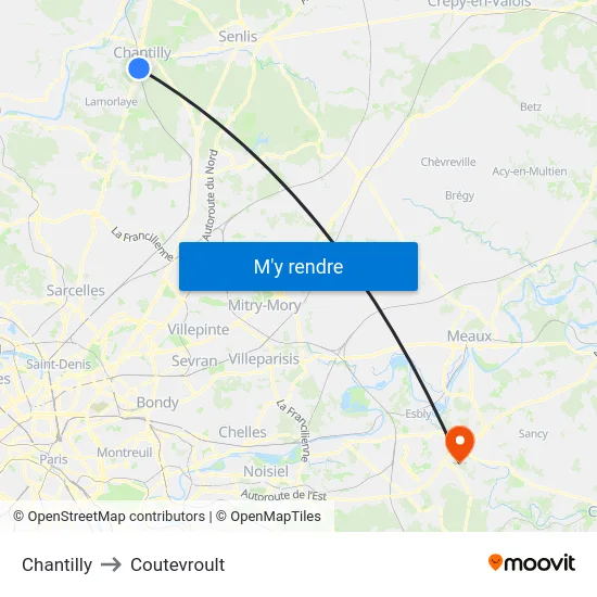 Chantilly to Coutevroult map