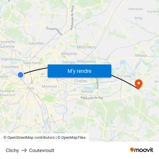 Clichy to Coutevroult map