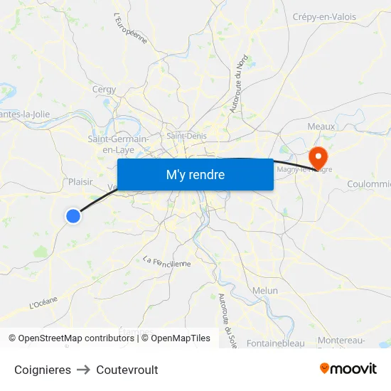 Coignieres to Coutevroult map