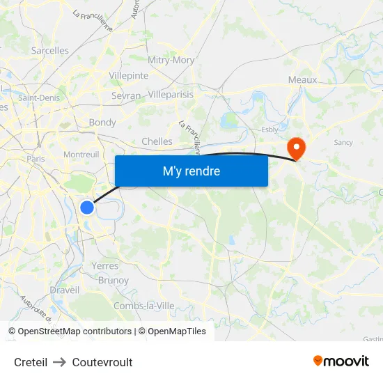 Creteil to Coutevroult map