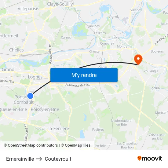 Emerainville to Coutevroult map