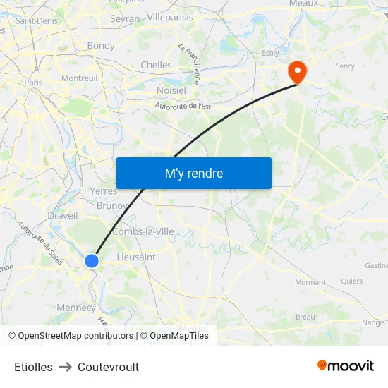Etiolles to Coutevroult map