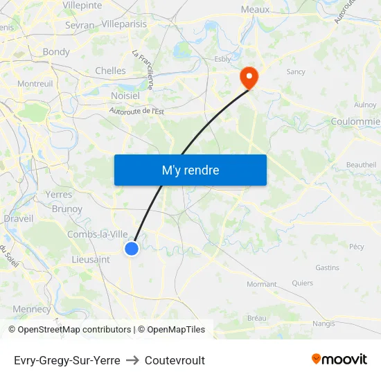 Evry-Gregy-Sur-Yerre to Coutevroult map