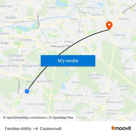 Ferolles-Attilly to Coutevroult map