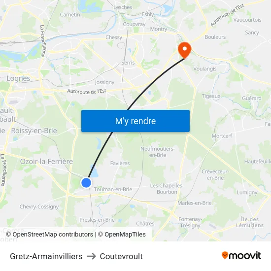Gretz-Armainvilliers to Coutevroult map