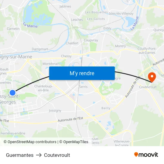 Guermantes to Coutevroult map