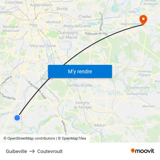 Guibeville to Coutevroult map