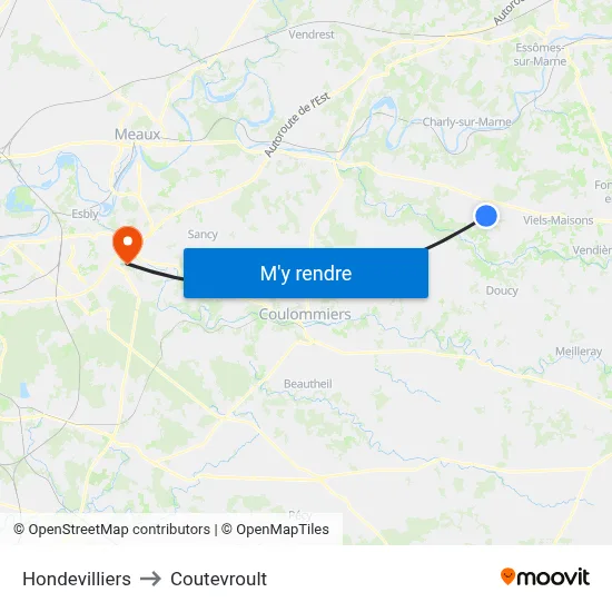 Hondevilliers to Coutevroult map