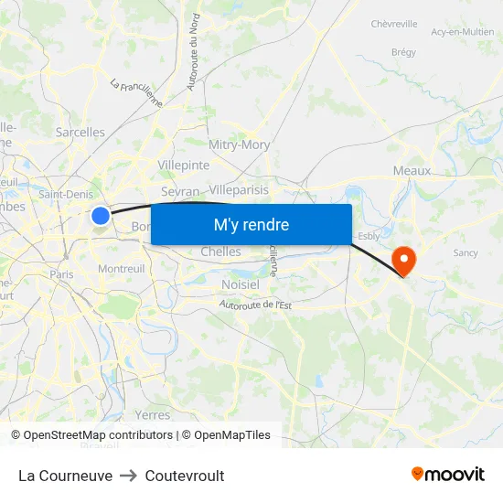 La Courneuve to Coutevroult map