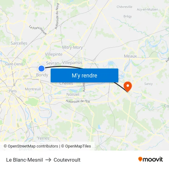 Le Blanc-Mesnil to Coutevroult map