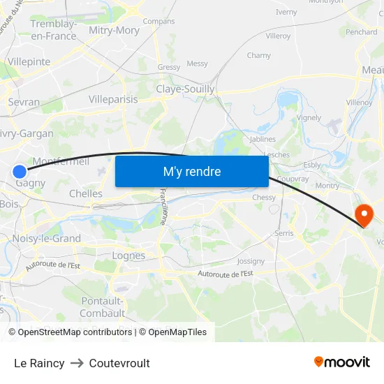 Le Raincy to Coutevroult map